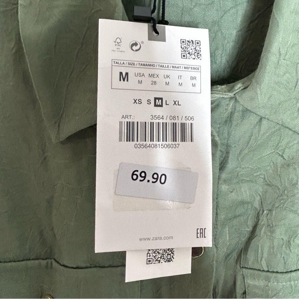 NWT Zara Green Satin Crinkle Cinch Waist Button Down Blouse - Picture 11 of 16